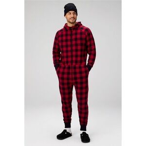 Fabletics Onesie Men Medium Red Black Excellent Buffalo Plaid Fleece Hooded Zip